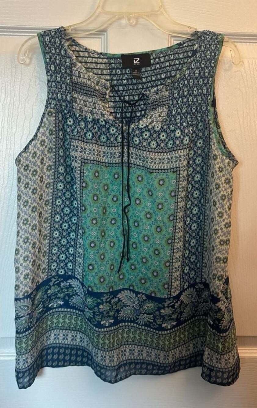 iZ BYER Blue and Green Paisley Floral Smocked Sleeveless Top Size S